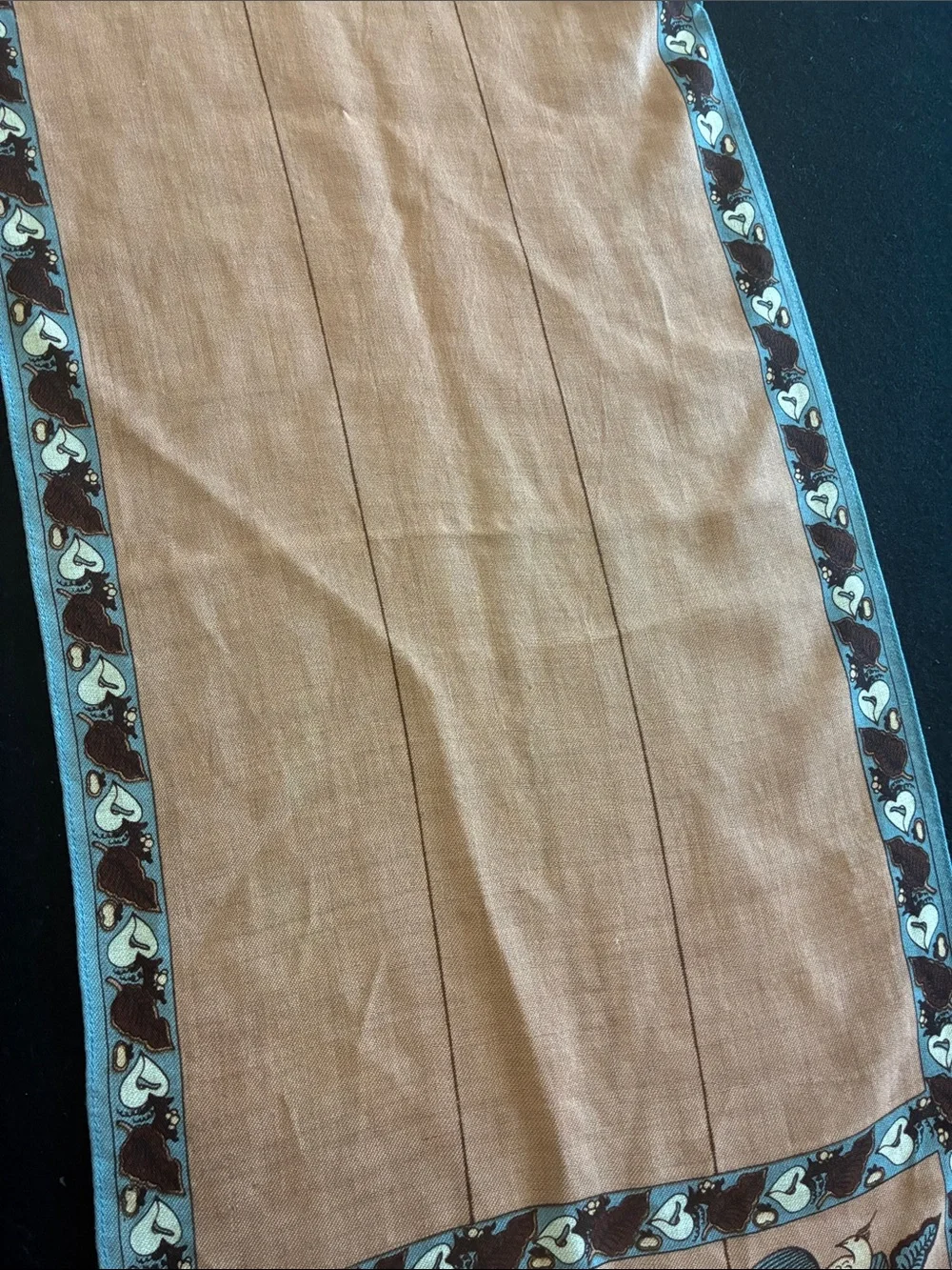 Vintage Long Linen Brown and Blue Bird Motif Scarf